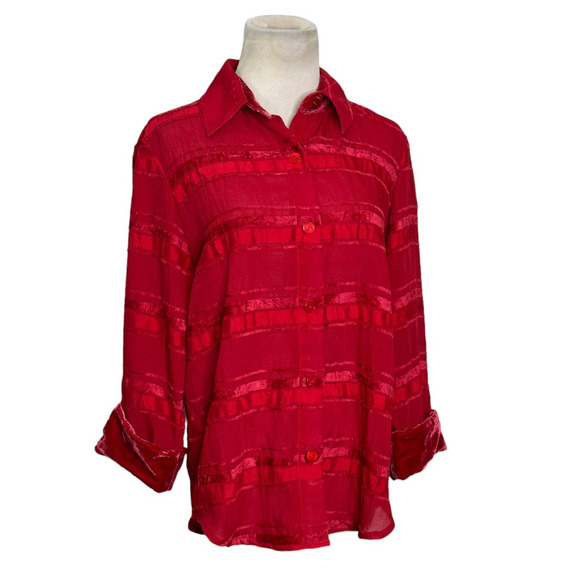 Coldwater Creek red semi sheer striped 3/4 sleeves button blouse size Small - Picture 1 of 10